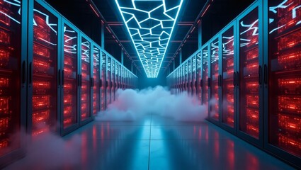 Poster - A futuristic data center with rows of servers and glowing lights, creating an atmosphere of advanced technology and high-speed processing. The servers are lit with red light.