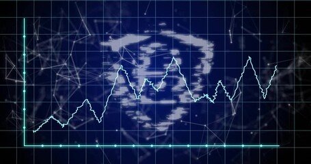 Aufkleber - Neon zigzag line chart fluctuating over light-blue grid with network nodes glowing in flat design