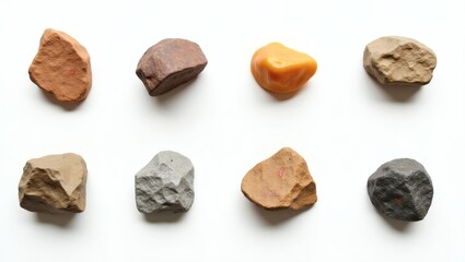 Aufkleber - eight varied shaped stones each with a unique color and texture, arranged in a grid pattern. These stones showcase a spectrum of natural hues and textures.