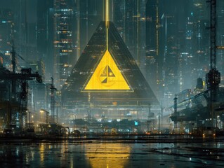 Poster - Futuristic cityscape with a golden pyramid structure.