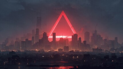 Poster - A futuristic city skyline enveloped by a large red triangle.