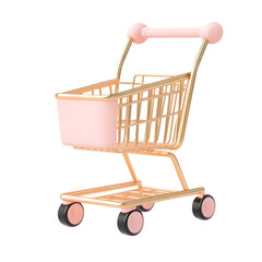 Fototapete - Light gold shopping cart, with pink accents, displayed against a light pink background.  The design is clean and contemporary.