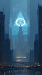 Poster - Futuristic city skyline with enigmatic pyramid structure.