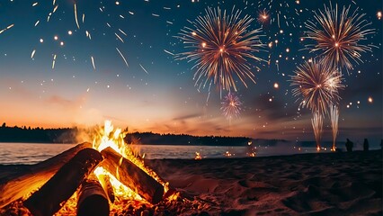 Fireworks exploding over a bonfire on a beach. The bonfire is made from logs and is burning brightly. In the background, people can be seen enjoying the fireworks and the beautiful night sky. 