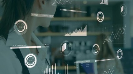 Poster - Woman manipulating holographic charts and numeric readouts on transparent display in tech workspace