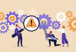 © nadzeya26 - Business Improvement concept. Contemporary flat style abstract vector illustration of a group of diverse people with tools, troubleshooting a gear-shaped mechanism. Isolated on background.