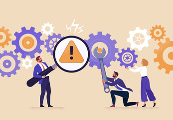 Fototapete - Business Improvement concept. Contemporary flat style abstract vector illustration of a group of diverse people with tools, troubleshooting a gear-shaped mechanism. Isolated on background.