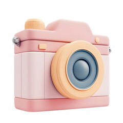 Poster - Cartoonish, 3D model of a retro-style camera in pastel pink and light orange hues.  The design is simple and visually appealing.