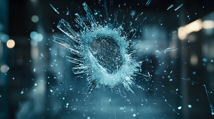 Wall Mural - Dynamic Exploding Glass Window with Radiant Blue Fragments in Dark Night Setting