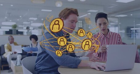 Poster - Male and female colleagues collaborating in business lounge, featuring digital network overlay