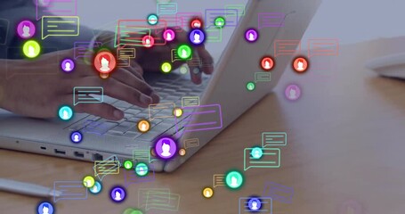 Poster - Hands typing on laptop keyboard in tech workspace, displaying neon chat bubbles and profile icons