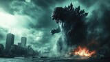 Giant monster Godzilla looms over a city, amidst destruction and storm