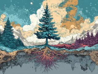 Poster - A serene illustration of a majestic tree's roots and surrounding landscape.