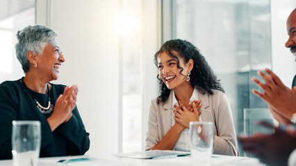 Aufkleber - Business people, winner and team celebration in promotion, announcement or negotiation success at office. Employees, clapping hands or group applause for partnership, prize or workplace contract goal