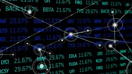 Aufkleber - Displaying white circular nodes linking teal, blue ticker codes with percentage values on dark grid