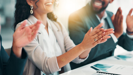 Poster - Business people, hands and applause in celebration, achievement or negotiation success at office. Employees, team announcement or group clapping for partnership, proposal or contract goal winner