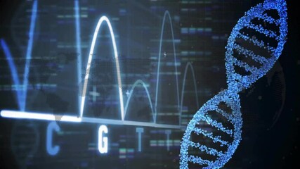 Poster - Blue DNA helix 3D render rotating on grid overlay, showing blue waveform graphs and binary bars