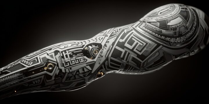 Intricate, mechanical arm design in grayscale.