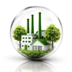 Poster - Green Factory in a Bubble: Sustainable Industry and Environmental Protection Concept, Clean Energy and Responsible Manufacturing.