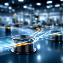 Poster - Metal Coil in Modern Factory: High-Tech Manufacturing with Light Trails and Automation
