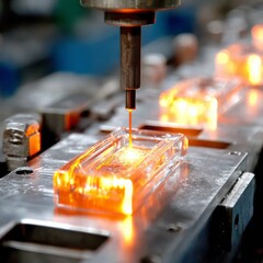 Fototapete - Precision Welding: Automated Laser System Joining Clear Material with Intense Heat and Spark Effects