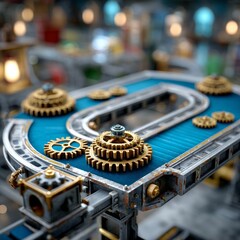 Aufkleber - Steampunk Assembly Line: Golden Gears on a Blue Conveyor Belt in a Miniature Industrial Setting with Blurry Background
