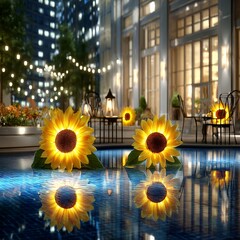 Poster - Sunflowers Reflected on Tranquil Water: A Nighttime Cityscape with Floral Beauty and Serene Reflections 