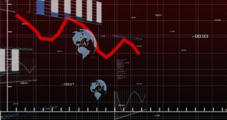 Poster - Red zigzag line graph being shown on dark red grid, featuring bar charts, code, globe icons