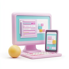 Fototapete - Pastel-toned 3D model of a desktop computer and mobile device, illustrating design software