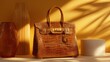 © Pixelzone - A stunning image of product photography shot of a birkin bag, Luxury minimalism Golden hour editorial Modern sculptural lighting Premium product still life High-gloss cinematic.