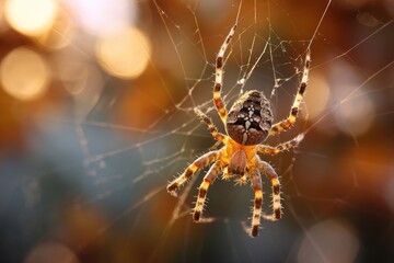 Close-up of a spider in its intricate web at sunset.