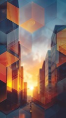 Poster - Urban sunset amidst geometric patterns cityscape digital art vibrant environment dynamic viewpoint abstract concept