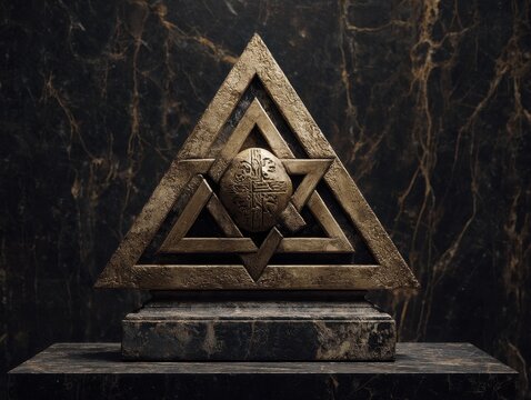 Ornate golden triangle design on a dark pedestal.