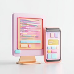 Fototapete - Pastel-colored computer and phone displaying code and interface design