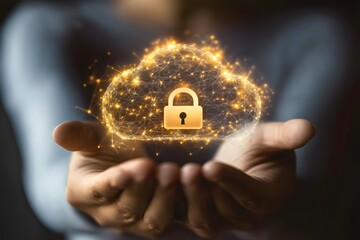 Poster - Cloud security protection concept represented by glowing cloud symbol and lock in hands