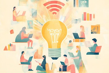 Poster - Collaborative online network concept depicted with idea bulb and connected people