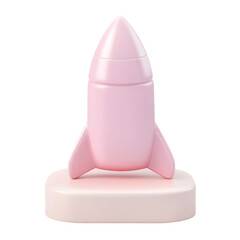 Aufkleber - Charming, pink rocket stands on a light colored platform against a soft, pastel color gradient background. It is a 3D model in a simple design.