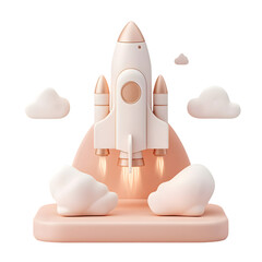 Poster - 3D rendered image of a stylized rocket launching from a pastel-colored platform, surrounded by clouds, evoking a sense of futuristic innovation.