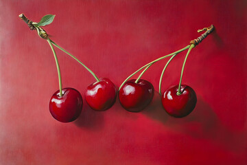 Poster - Four vibrant cherries on a deep red background.