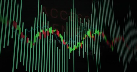 Poster - Flat design financial chart animating in scene showing turquoise bars, red green candles, blue line
