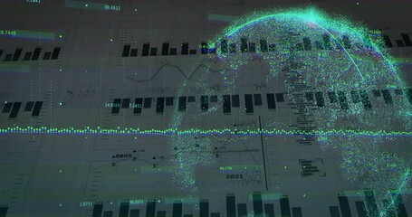 Poster - digital data visualization animating in 3D dashboard, showing globe cluster with bars and lines