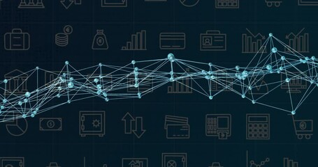 Poster - Glowing light-blue network graph being animated across blueprint grid, with faint financial icons