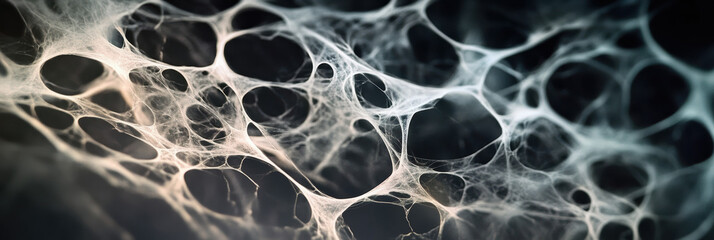 An intricate spider web stands out against a dark background. The close-up view highlights the symmetrical and delicate structure of the gossamer threads, showcasing nature's artistry.