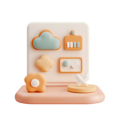 Aufkleber - Digital graphic design composition featuring pastel-colored, 3D-modeled geometric shapes and icons on a light-colored wood-like surface.  The elements are arranged in a visually appealing manner.