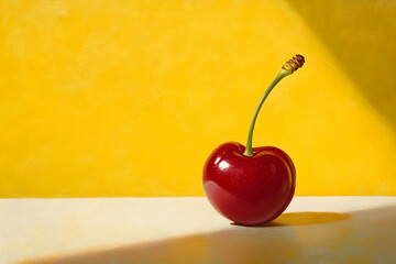 Poster - Single cherry against a vibrant yellow backdrop.