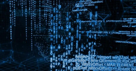 Poster - Glowing blue code cascading into transparent data sphere, connecting lines forming animated network