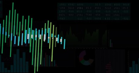 Poster - Dashboard presenting candlestick chart on dark background, with table, pie chart and bar charts