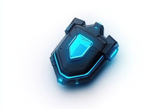 Futuristic shield, sleek and modern design with glowing blue accents.  Detailed black structure with a central,  translucent blue panel