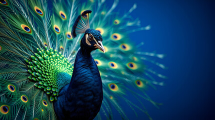 Naklejka na meble Regal Peacock with Partially Fanned Tail on Deep Blue – Symbol of Saraswati, Generative AI Fine Art