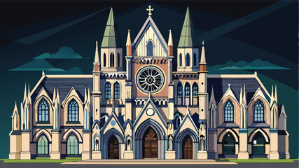 Aufkleber - Colorful vector illustration of a grand Gothic cathedral with intricate architectural details and prominent towers against a serene backdrop